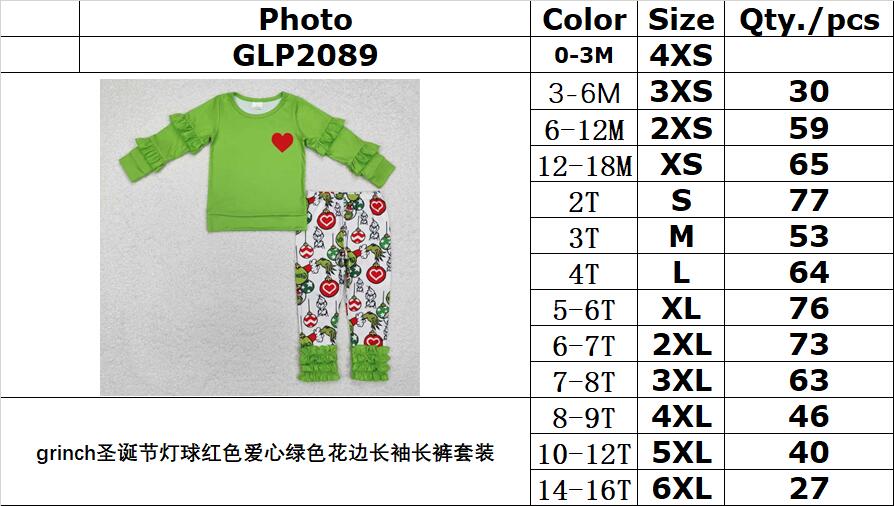 RTS NO MOQ ETA 5/7days Arrived GLP2089 grinch Christmas light ball red heart green lace long-sleeved trousers set