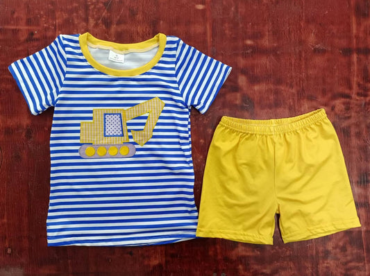 custom moq 5 eta 5weeks summer baby boys clothes striepd short sleeve yellow shorts Set