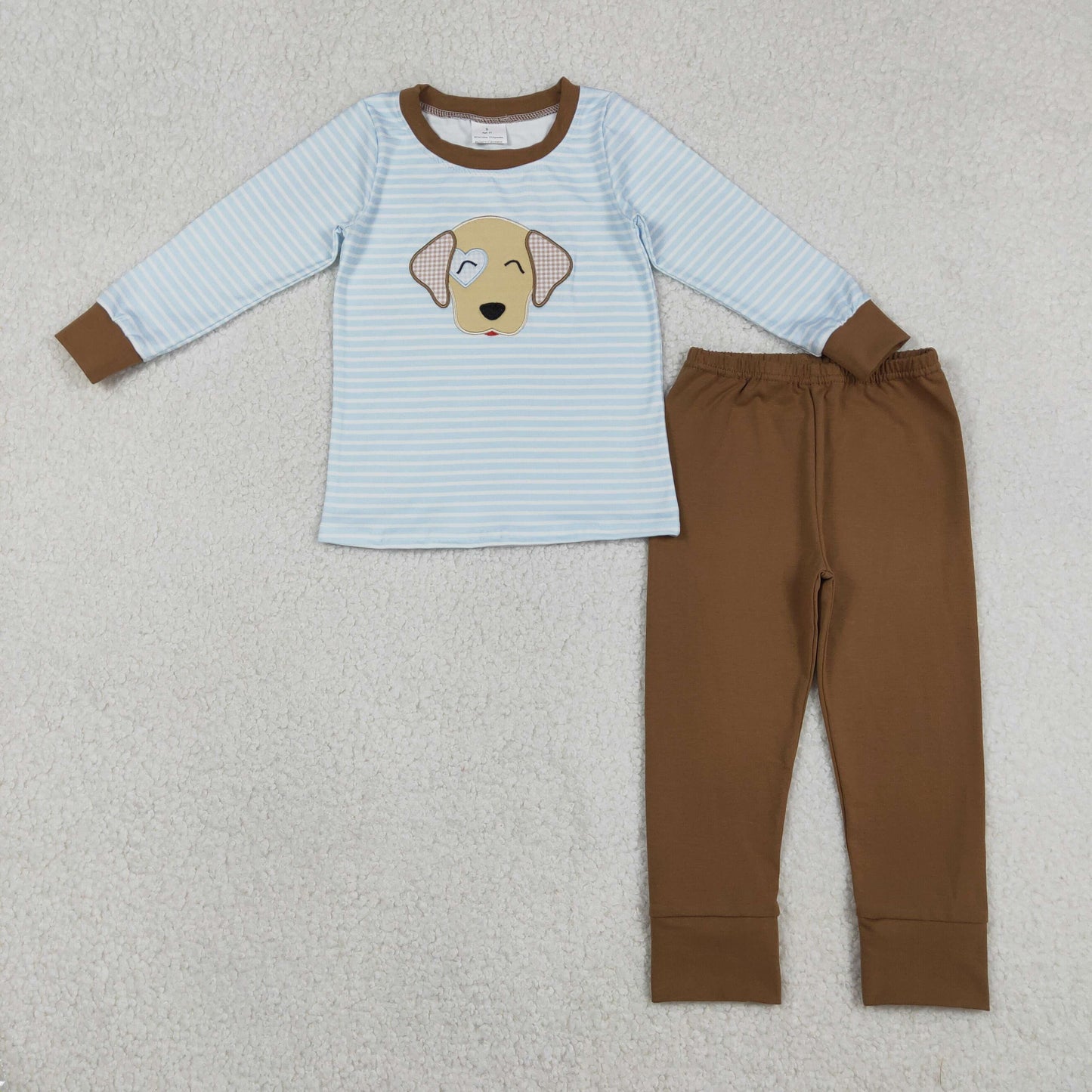 RTS NO MOQ（In Stock) Embroidered Heart Puppy Blue Striped Long-Sleeve Brown Pants Set