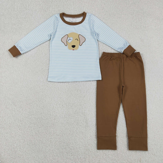 RTS NO MOQ（In Stock) Embroidered Heart Puppy Blue Striped Long-Sleeve Brown Pants Set