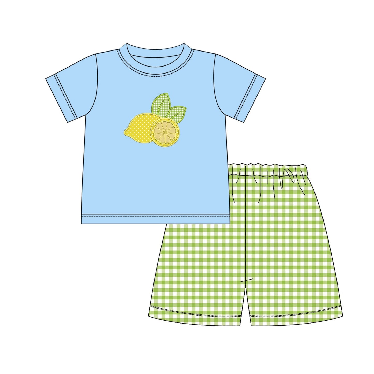 custom moq 5 eta 5-6 weeks baby boys clothes lemon blue short sleeve light green grid shorts summer outfit