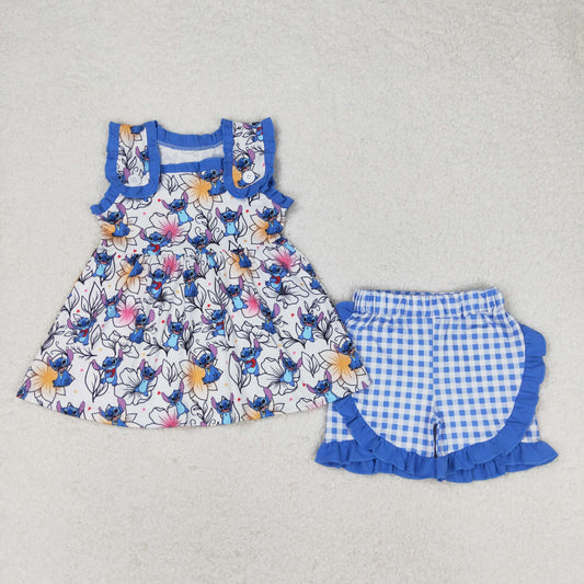 rts no moq GSSO1040 Floral Stitch Blue Lace Sleeveless Plaid Shorts Suit