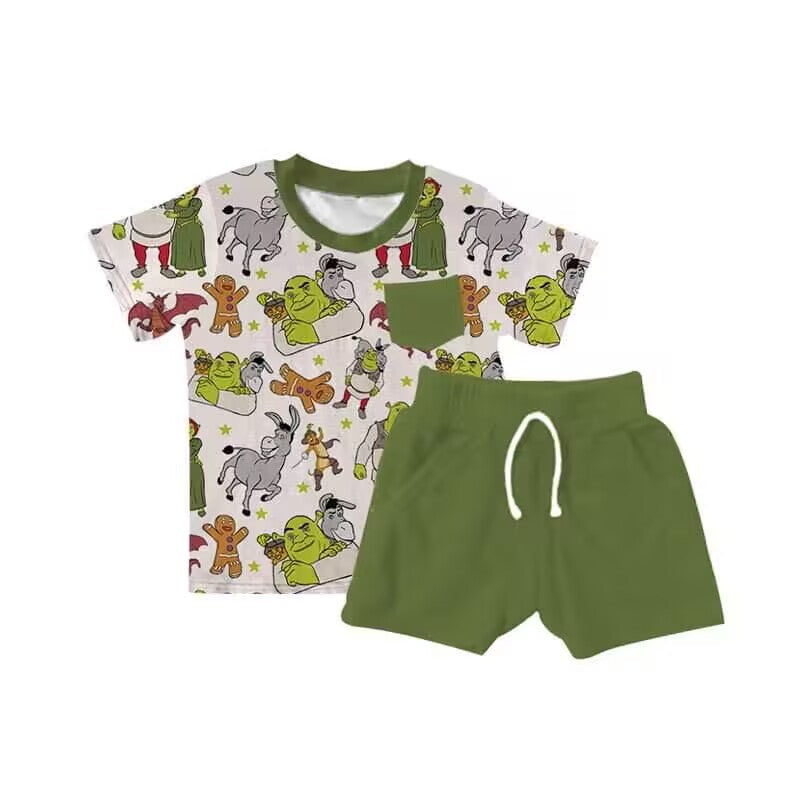 custom moq 5 eta 5-6weeks baby boys clothes green short sleeve shorts Set
