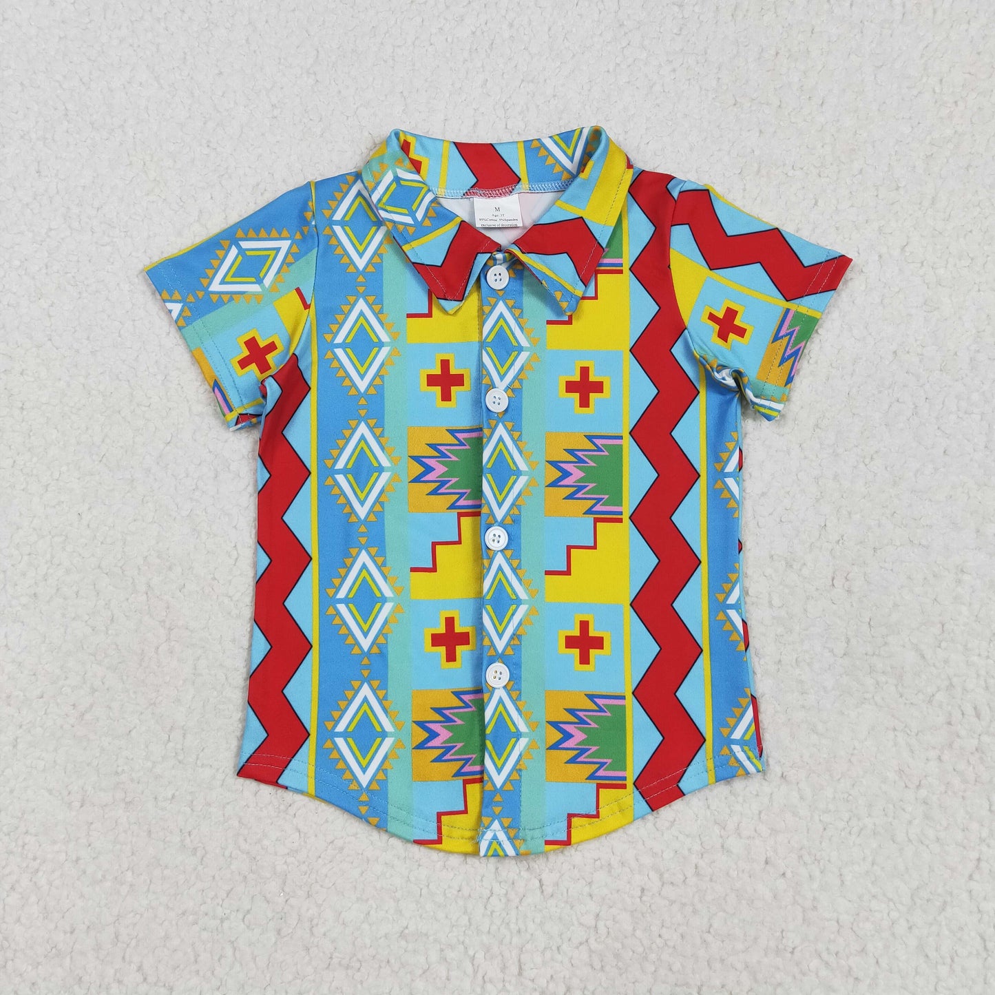 RTS NO MOQ BT1225 Geometric blue button short sleeve top