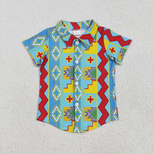 RTS NO MOQ BT1225 Geometric blue button short sleeve top