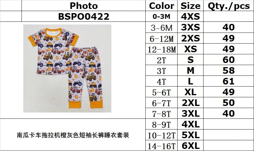 RTS NO MOQ BSPO0422 pumpkin truck tractor orange gray short sleeve trousers pajamas set