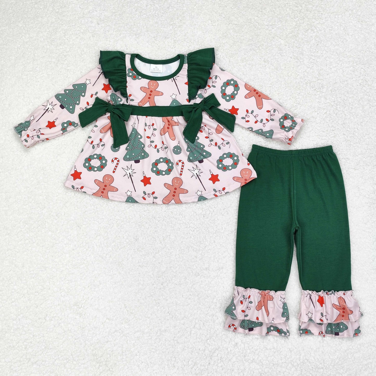 rts no moq GLP1254 Christmas tree gingerbread man wreath green lace bow long-sleeved trousers set