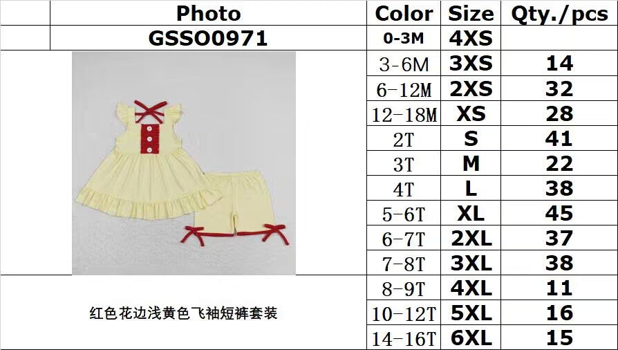 rts no moq GSSO0971 Red lace light yellow flying sleeve shorts suit