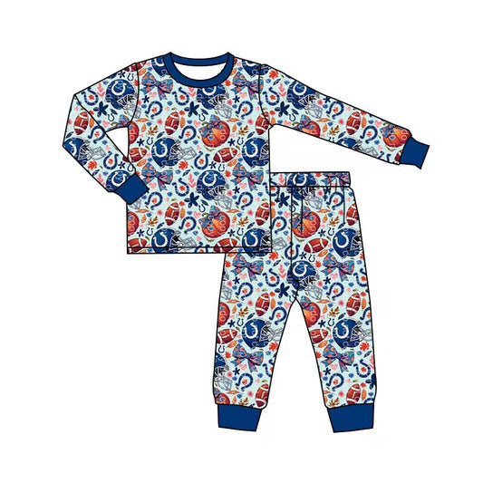 Custom moq 3 eat about 6/8weeks moq 5 eta 5/6weeks baby boys clothes pumpkin bow rugby blue long sleeve pants pajamas outifts