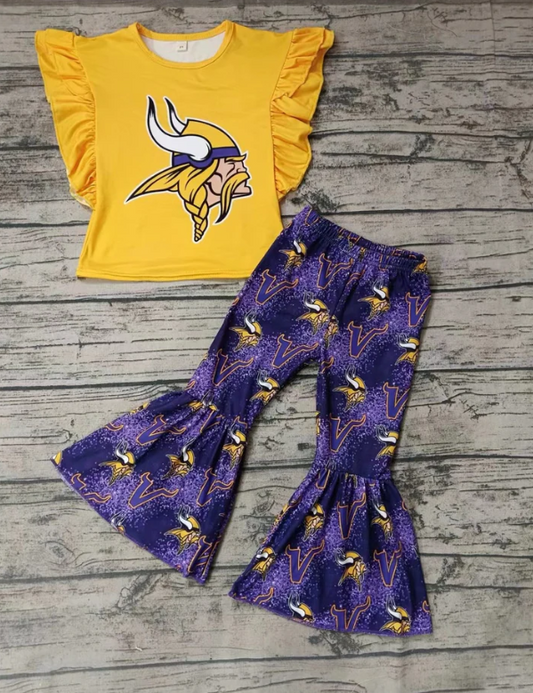 Deadline September  23 custom no moq eta 6-8weeks Horned Old Man Yellow Flying Sleeve Top-Purple Flared Pants Set