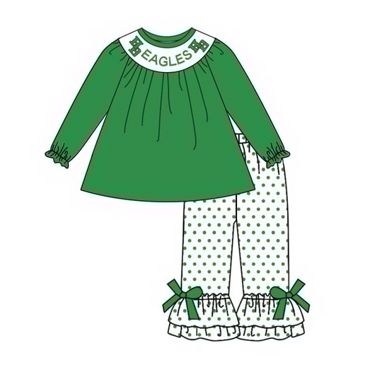 Custom moq 3 eat about 6/8weeks moq 5 eta 5/6weeks Girls' B green long sleeve and long pants set