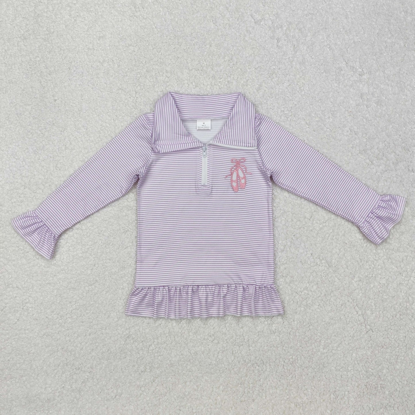 RTS NO MOQ ETA 5/7days Arrived GT0887 Embroidered ballet shoes purple striped lace zipper long-sleeved top