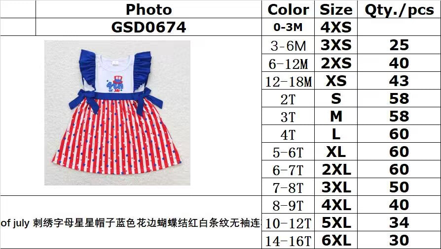 GSD0674 4th of july embroidered letter star hat blue lace bow red and white striped sleeveless dress