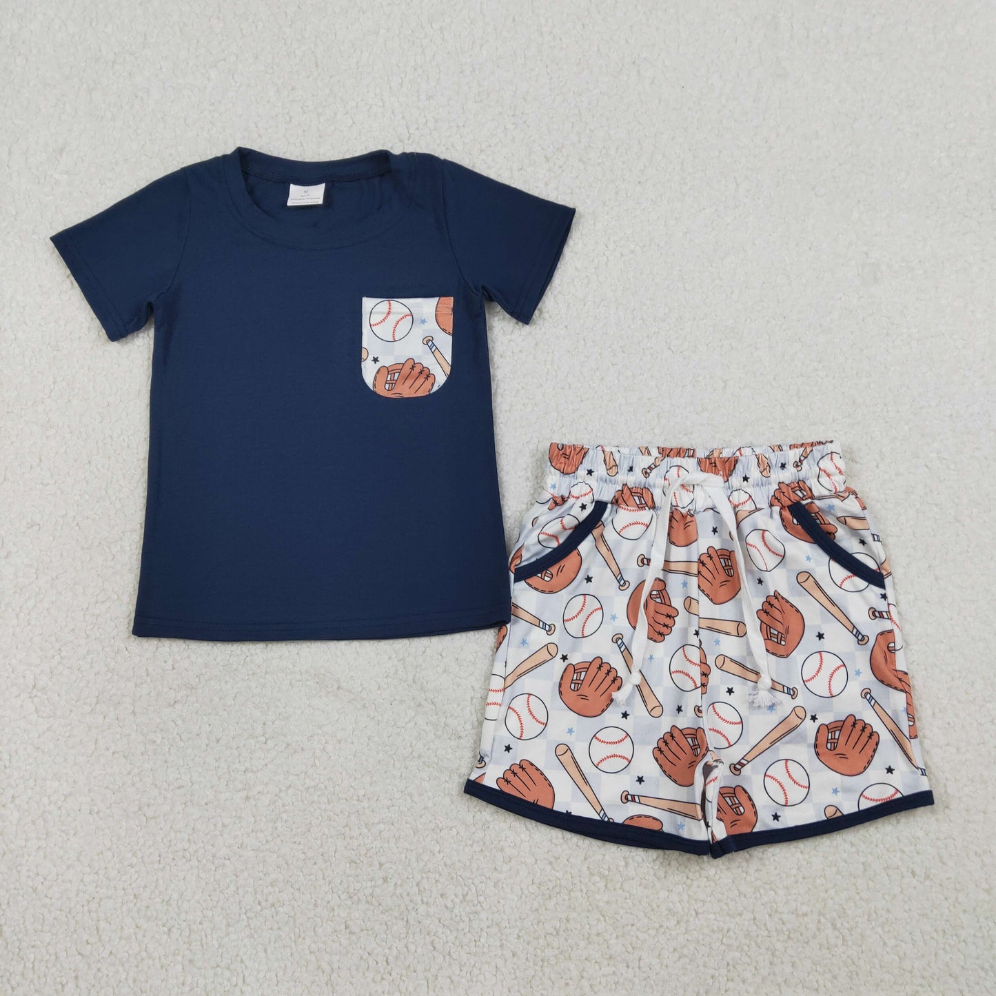 RTS NO MOQ（In Stock) BSSO1669 Baseball Glove Pocket Navy Blue Short-Sleeved Plaid Shorts Set