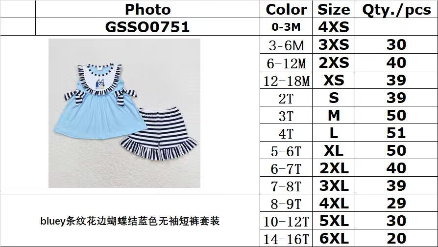 GSSO0751 bluey striped lace bow blue sleeveless shorts suit