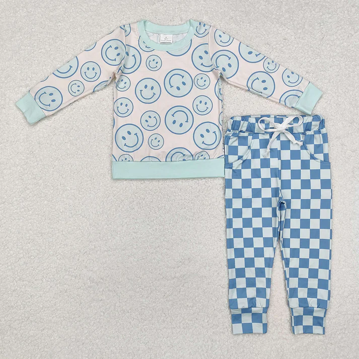 RTS NO MOQ Baby Boys and Girls Smiley Face Print Long Sleeve Top and Plaid Pants Set