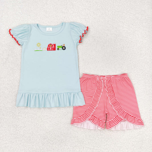 rts no moq GSSO0788 Embroidery Farm Sun Red House Tractor Short Sleeve Red Striped Lace Shorts Suit