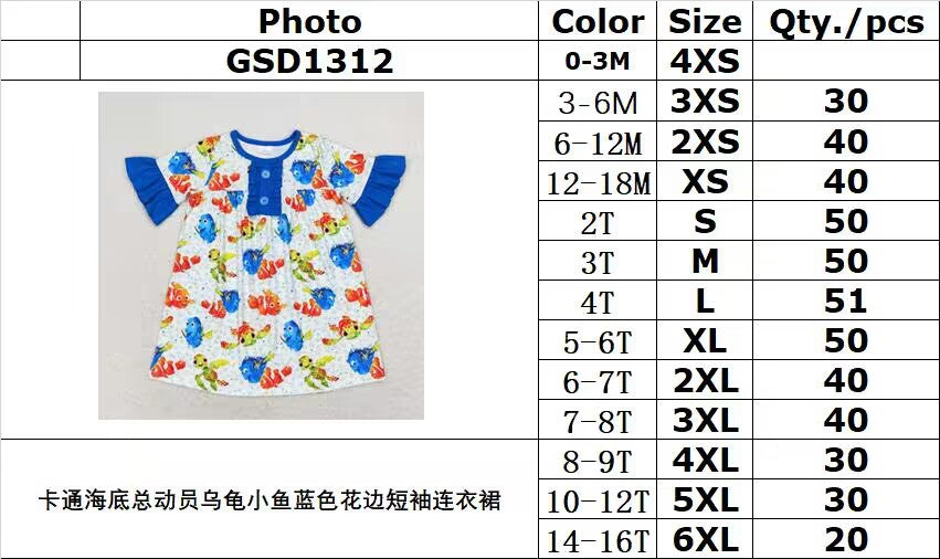 RTS no moq GSD1312 Cartoon Finding Nemo turtle fish blue lace short-sleeved dress