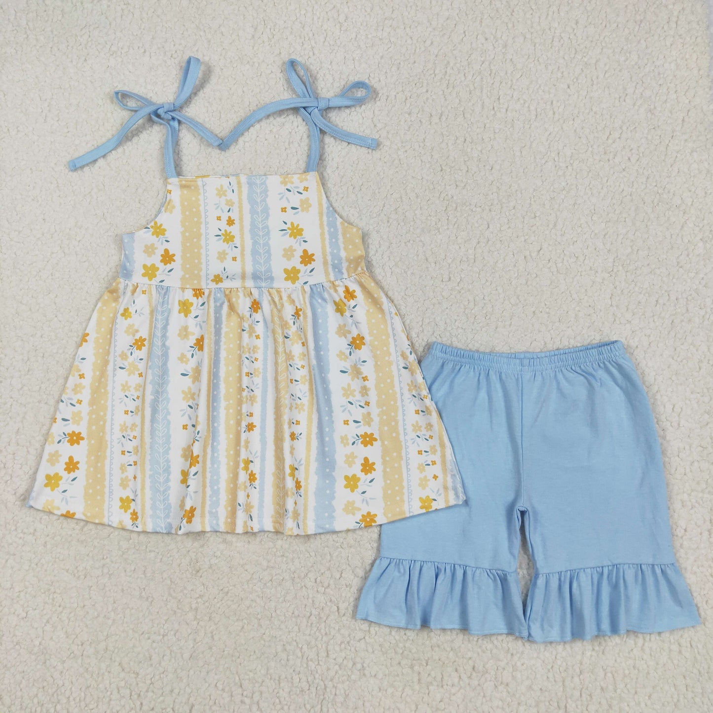 RTS NO MOQ GSSO2302 Floral flower yellow striped suspenders blue shorts set