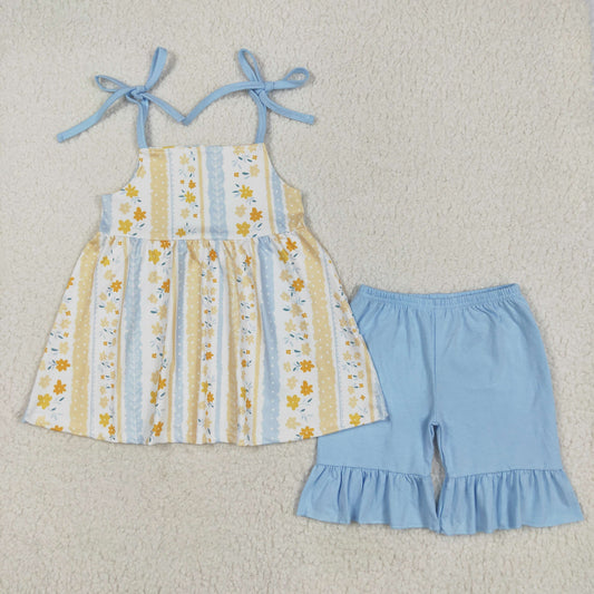 RTS NO MOQ GSSO2302 Floral flower yellow striped suspenders blue shorts set
