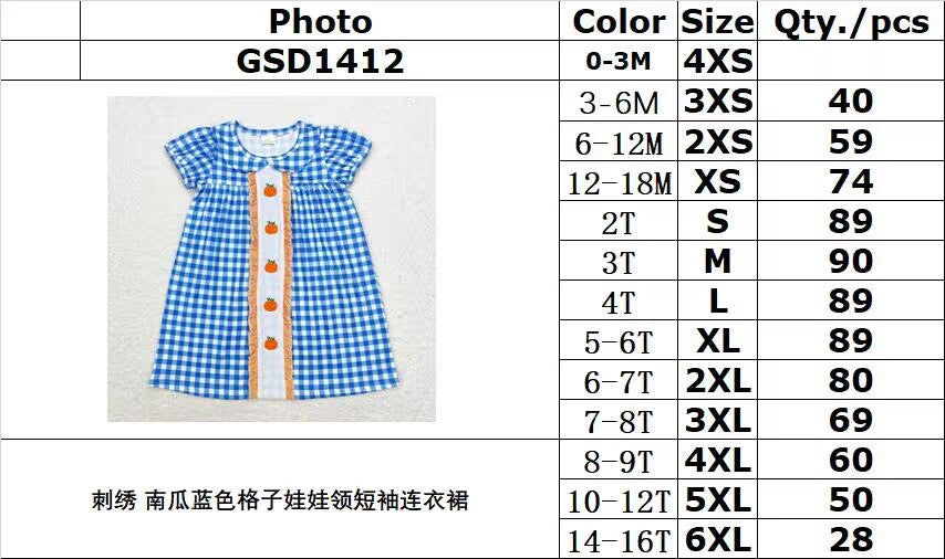 rts no moq GSD1412 Embroidered pumpkin blue plaid short-sleeved dress with doll collar