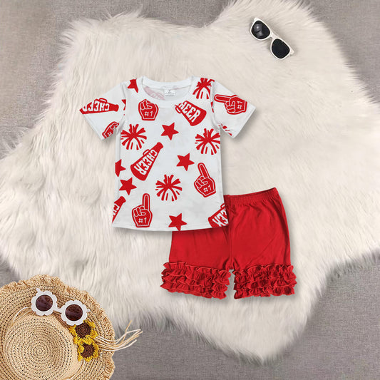 RTS NO MOQ Sibling baby girls clothes cheer red Short Sleeve Suit  & Top and shorts