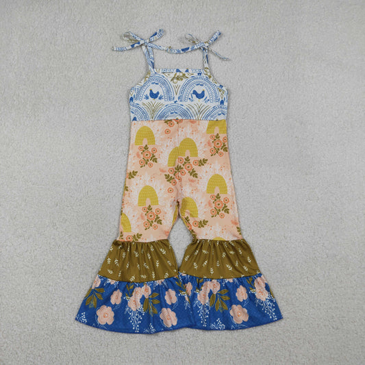 RTS NO MOQ（In Stock）SR3582 Chick Rainbow Flower and Leaf Patchwork Suspender Bodysuit