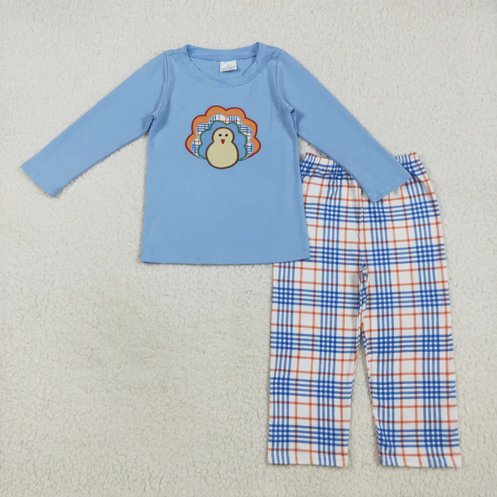 RTS NO MOQ Sibling Baby boy clothes Embroidery turkey long-sleeved trousers suits