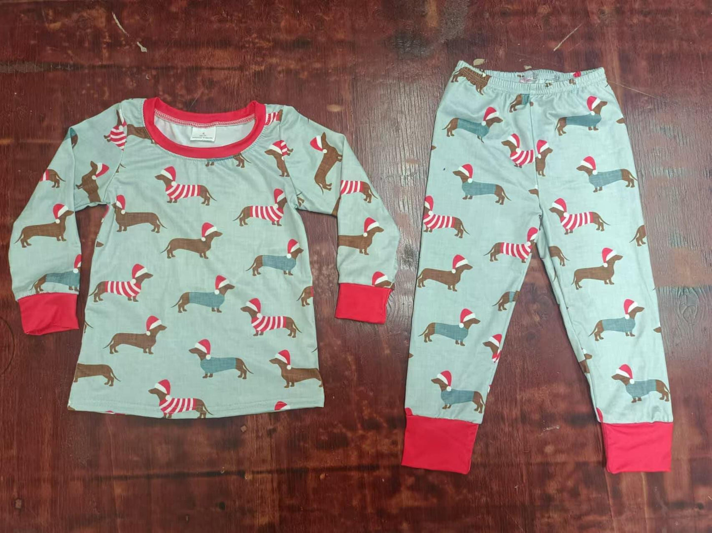 Deadline September 17 custom no moq eta 6-8weeks Christmas Puppy Light Lake Green Long Sleeve Pajama Set