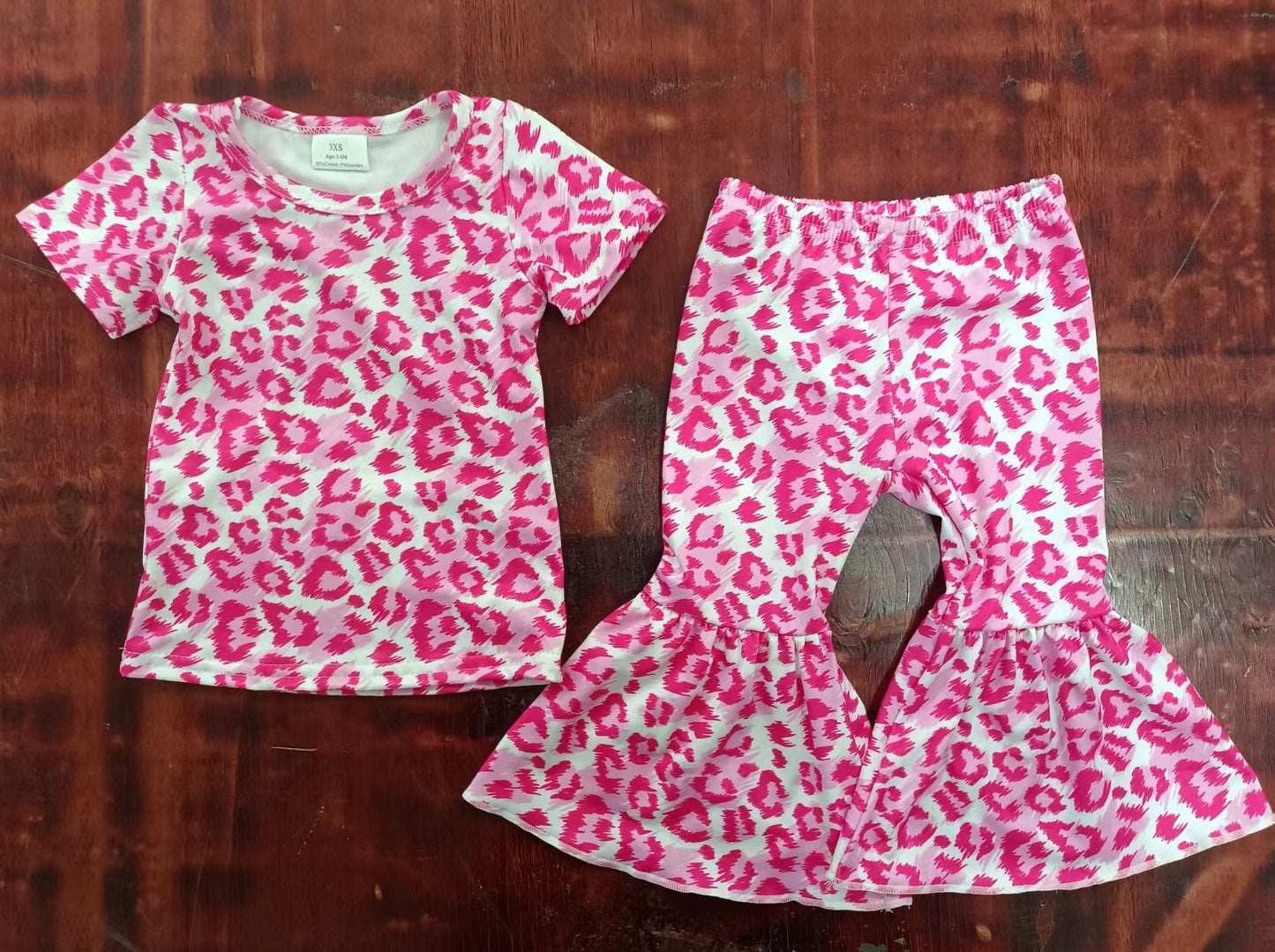 custom moq 5 eta 5weeks mix size Girls pink leopard short sleeve pants Suit