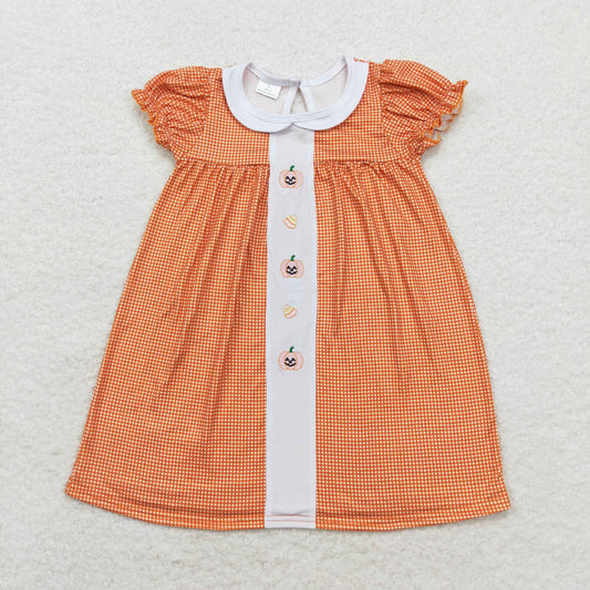 RTS no moq GSD1337 Embroidered smiley face pumpkin lantern candy doll collar orange plaid short-sleeved dress