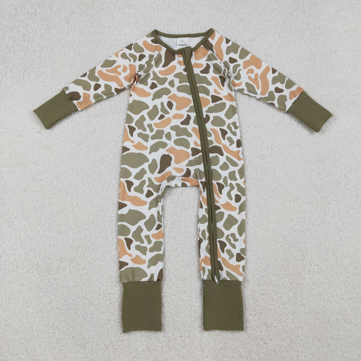 RTS NO MOQ（In Stock) LR2578 Lime and Green Camouflage Long-Sleeved Bodysuit with White Zipper