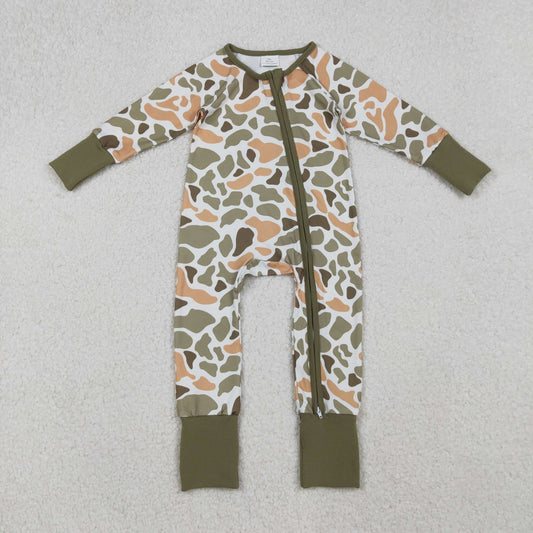 RTS NO MOQ（In Stock) LR2578 Lime and Green Camouflage Long-Sleeved Bodysuit with White Zipper