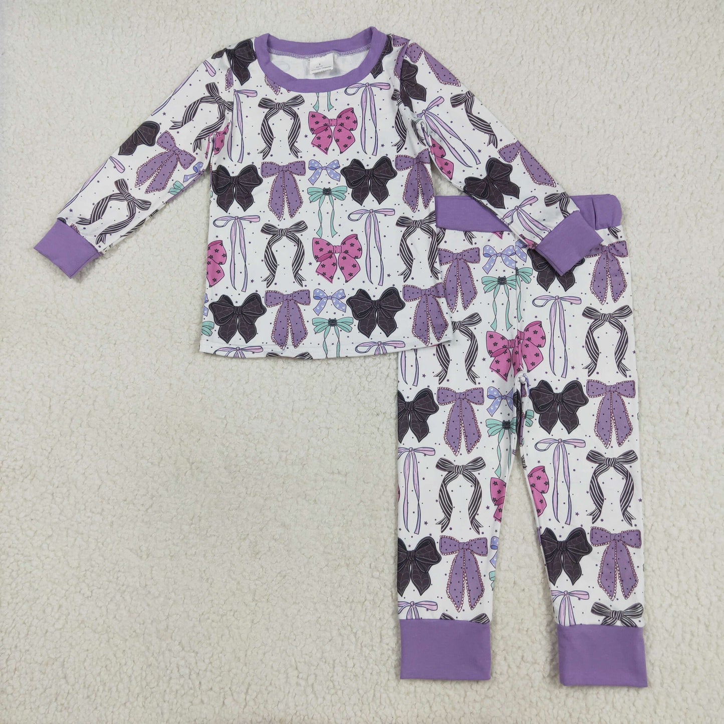RTS NO MOQ（In Stock) GLP2533 Purple long-sleeved trousers pajama set with Halloween bow pattern