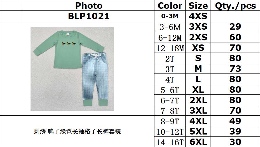 RTS NO MOQ ETA 5/7days Arrived BLP1021 Embroidered duck green long-sleeved plaid trousers set