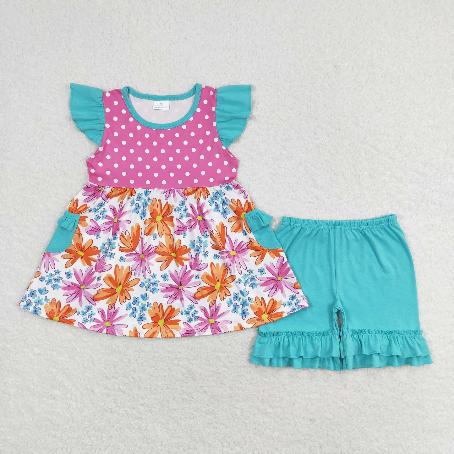 rts no moq GSSO1100 Orange flower polka dot blue green pocket rose red flying sleeve shorts set