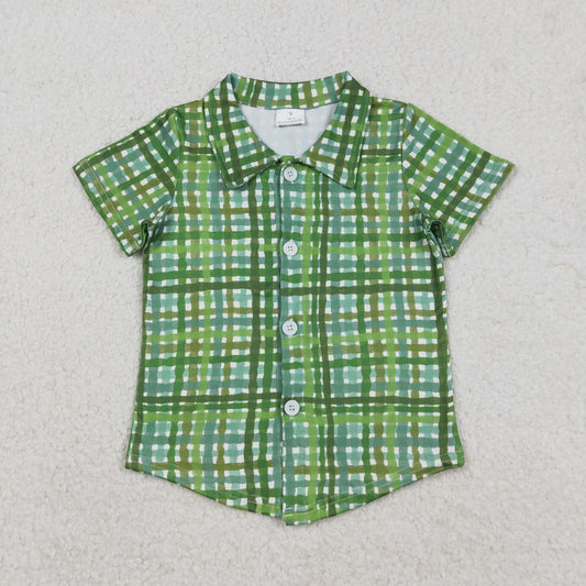 RTS NO MOQ（In Stock) St. Patrick's Day Green Check Button-Up Short-Sleeve Top