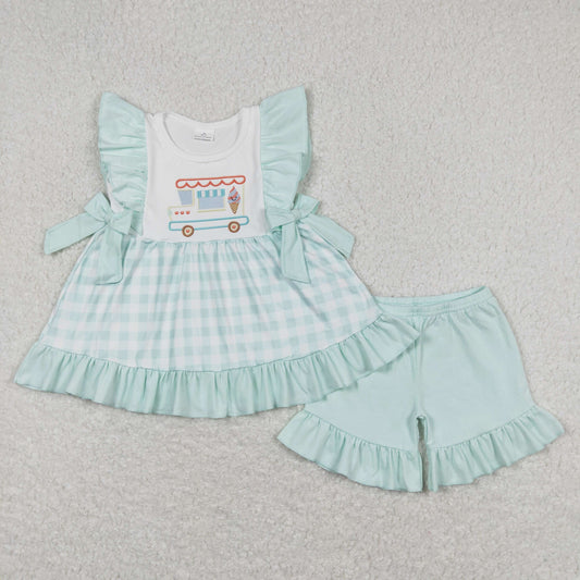 GSSO0554 Ice cream truck plaid teal lace bow sleeveless shorts suit