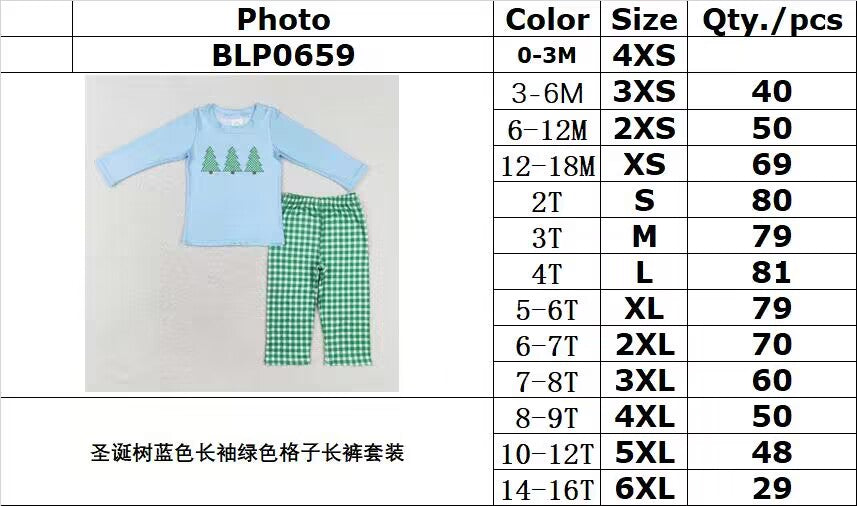 rts no moq BLP0659 Christmas tree blue long-sleeved green plaid trousers set