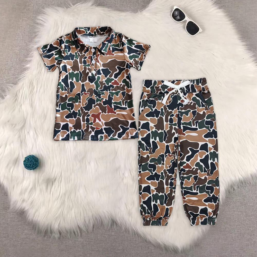 RTS NO MOQ BT1213+P0650 Camouflage beige short-sleeved top drawstring trousers sets