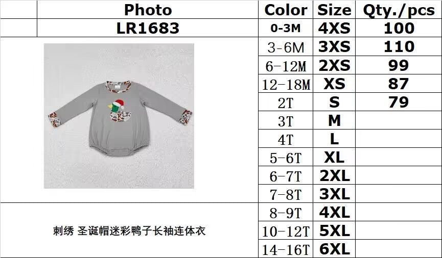 RTS NO MOQ ETA 5/7days arrived LR1683 Embroidered Santa hat camouflage duck long-sleeved jumpsuit