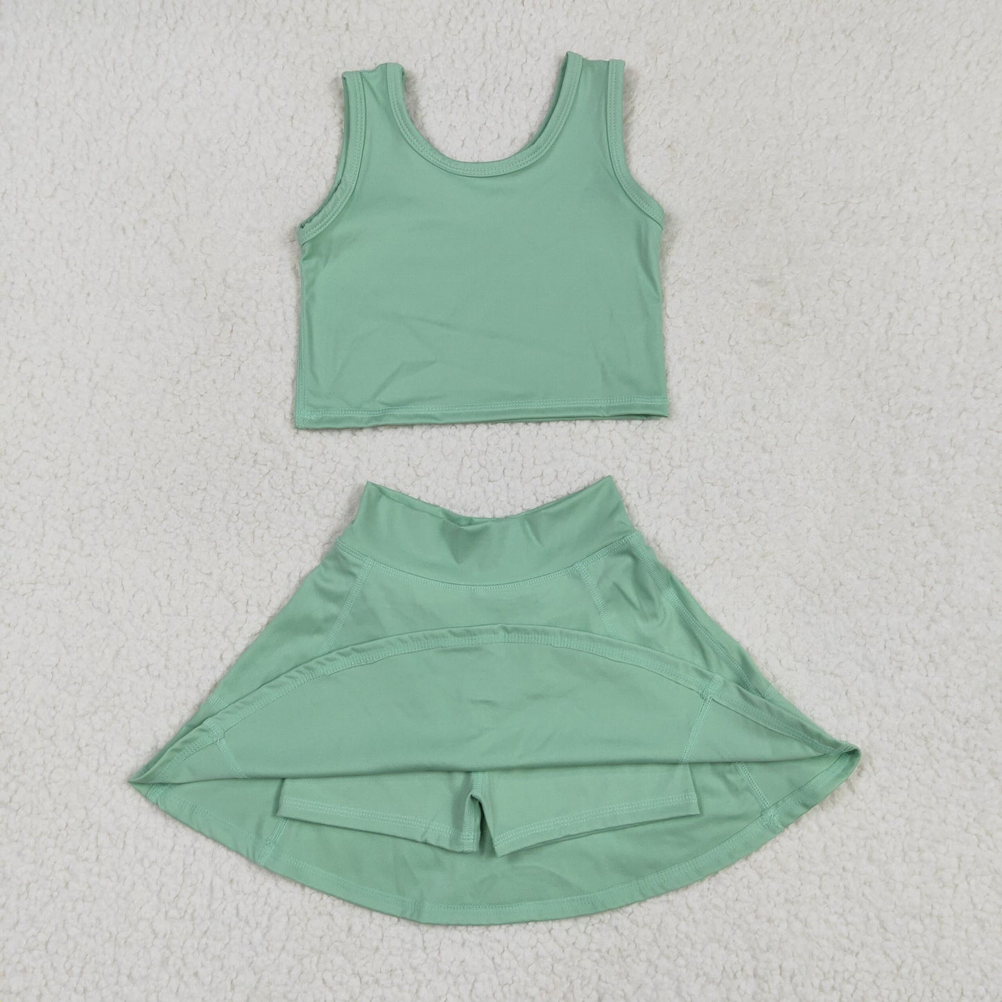 RTS NO MOQ GSD1984 Solid light green sleeveless skirt yoga set