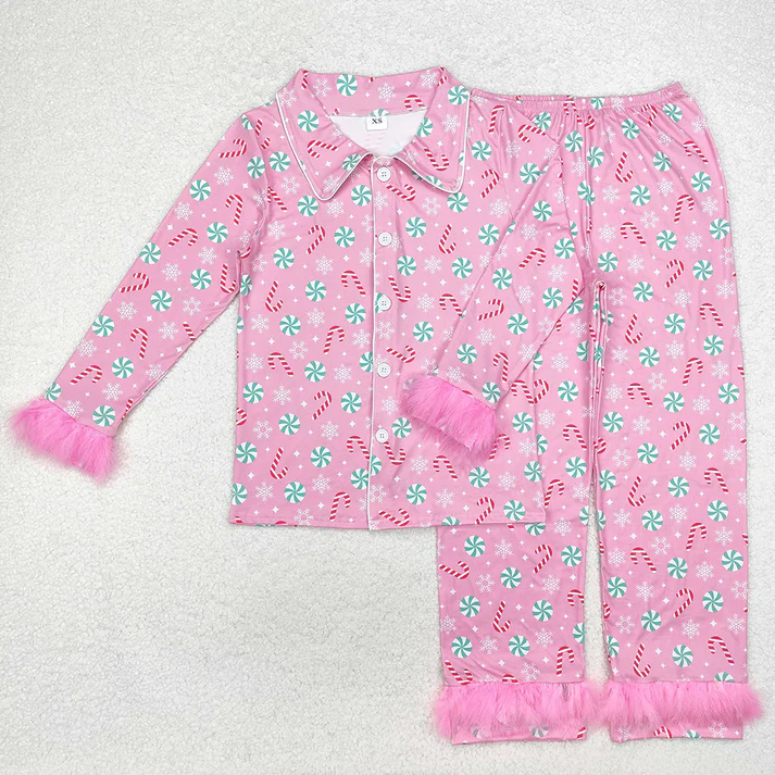 RTS NO MOQ Baby Girls and adults women Christmas Striped Candy Cane-Candy Pink Plush Button Long Sleeve Long Pants Pajama Set