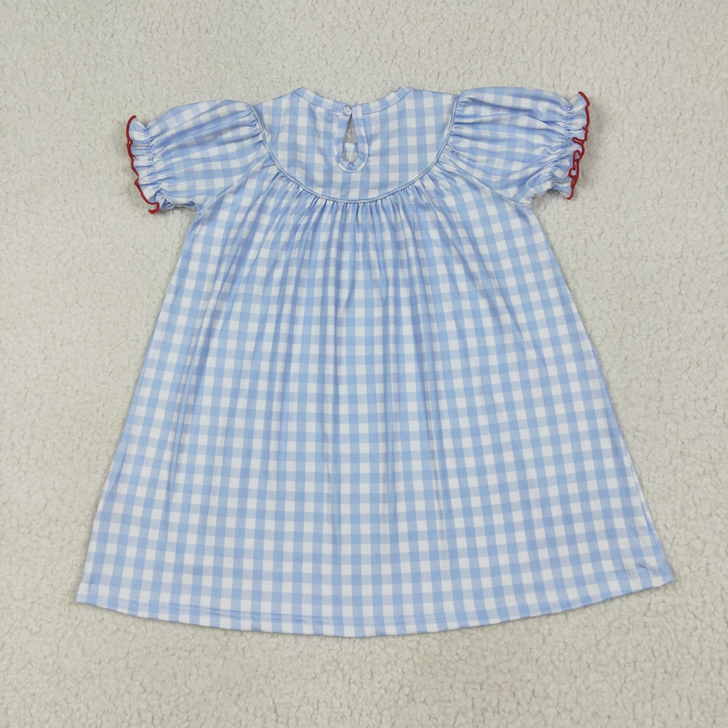RTS NO MOQ（In Stock) GSD2275 Smocked embroidered farm animals blue and white plaid short-sleeved dress