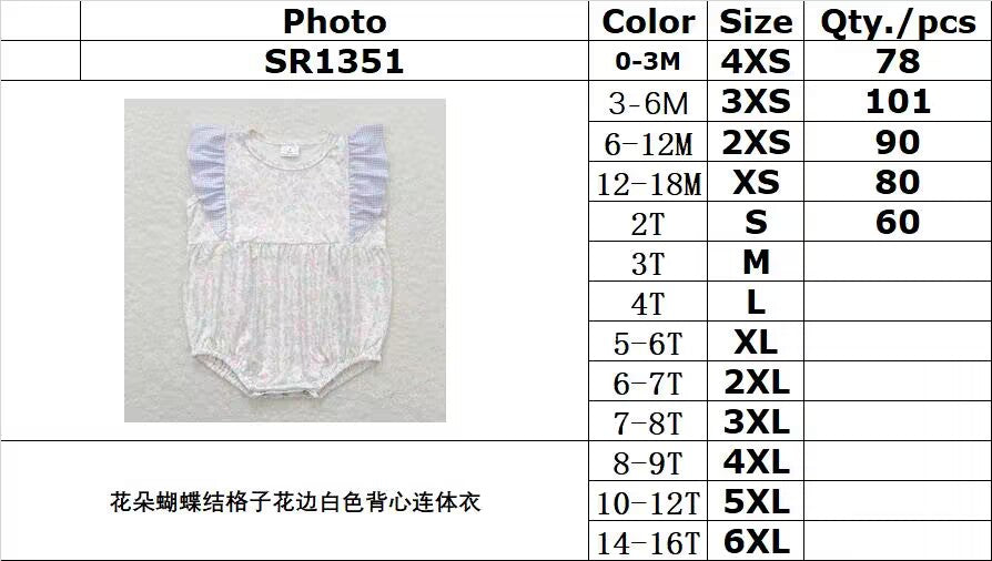 SR1351 Flower bow plaid lace white tank top jumpsuit