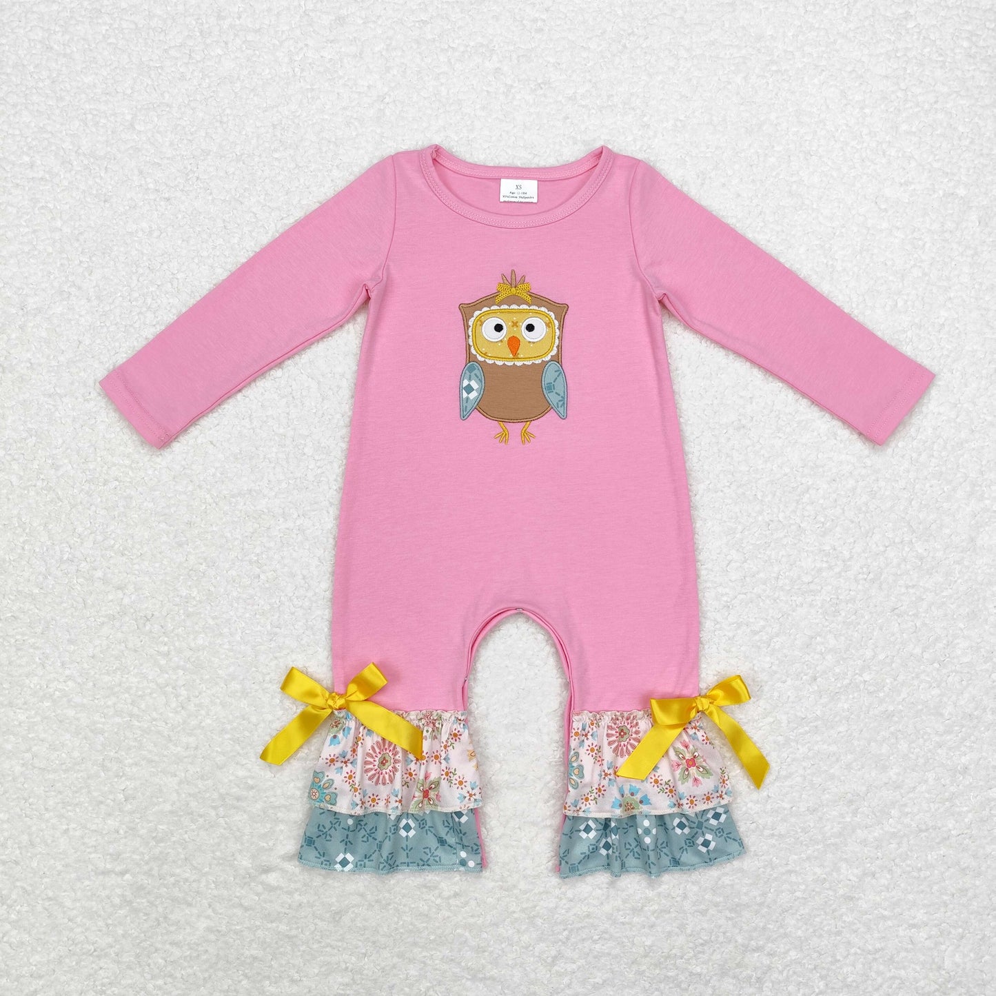 rts no moq LR0494 Embroidered owl lace pink long sleeve bodysuit