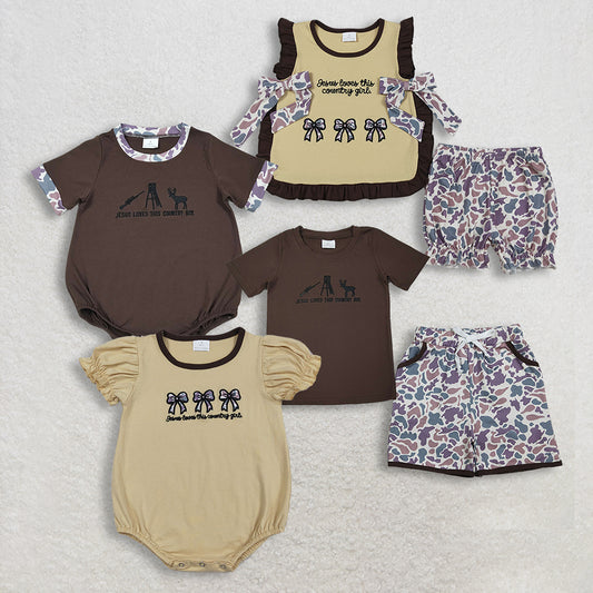 3/6m-6/7t RTS NO MOQ Sibling baby boy girl clothes embroidery gun hunting short sleeve shorts sets and rompers
