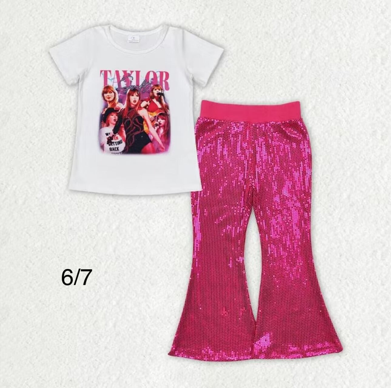 rts no moq GT0604+P0499 Taylor lettering white short-sleeved top Mesh rose red sequined trousers