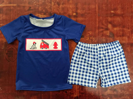 custom moq 5 eta 4-6weeks summer baby boys clothes navy blue short sleeve grid shorts sets