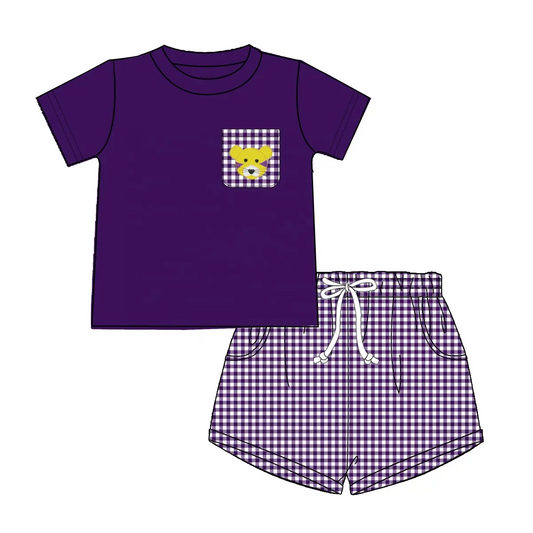 Custom moq 3 eta 7/8week moq 5 eta /4/5week Purple Short Sleeve Top & Plaid Shorts Set